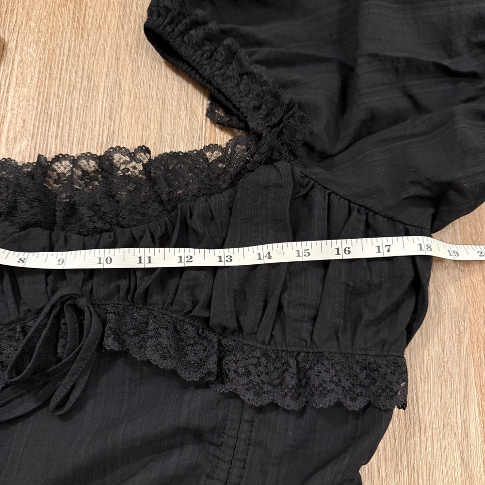 Ruched Mini Dress Women’s L Black Milkmaid Lace Drawstring Goth Dark Feminine - Picture 9 of 13